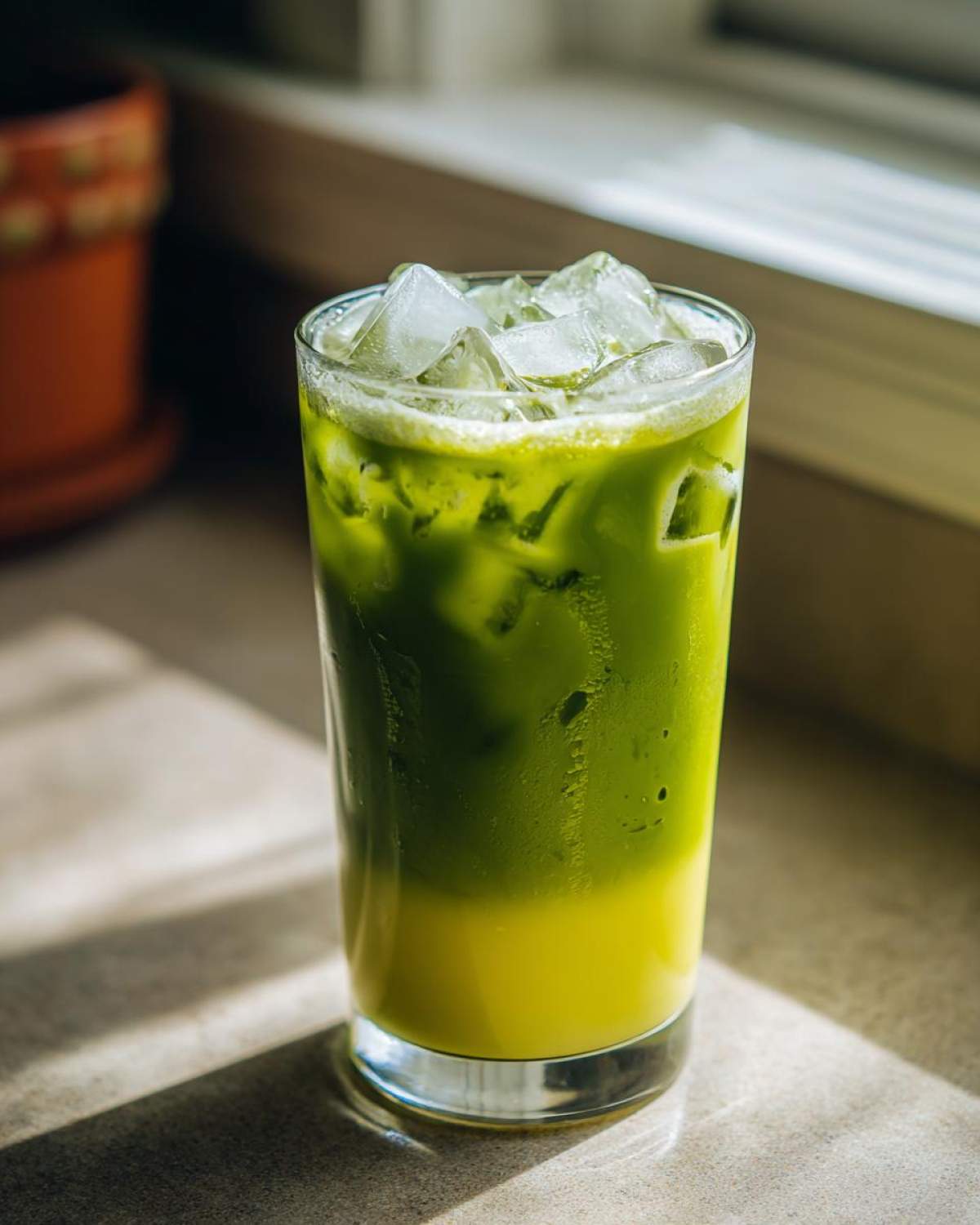 A tall glass filled with a layered Iced Matcha Pineapple Refresher, featuring bright green matcha over yellow pineapple juice and topped with ice.