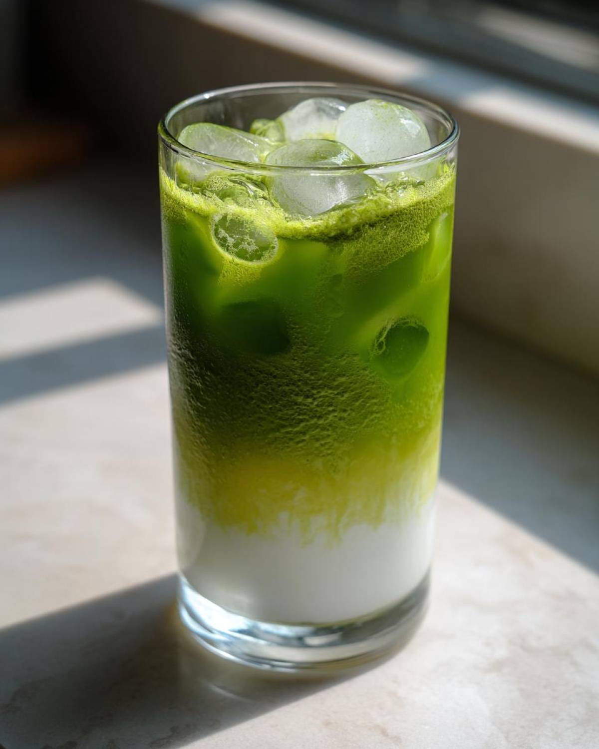 A tall glass showing a layered Iced Matcha Pineapple Refresher with white liquid at the bottom and vibrant green matcha floating above ice cubes.