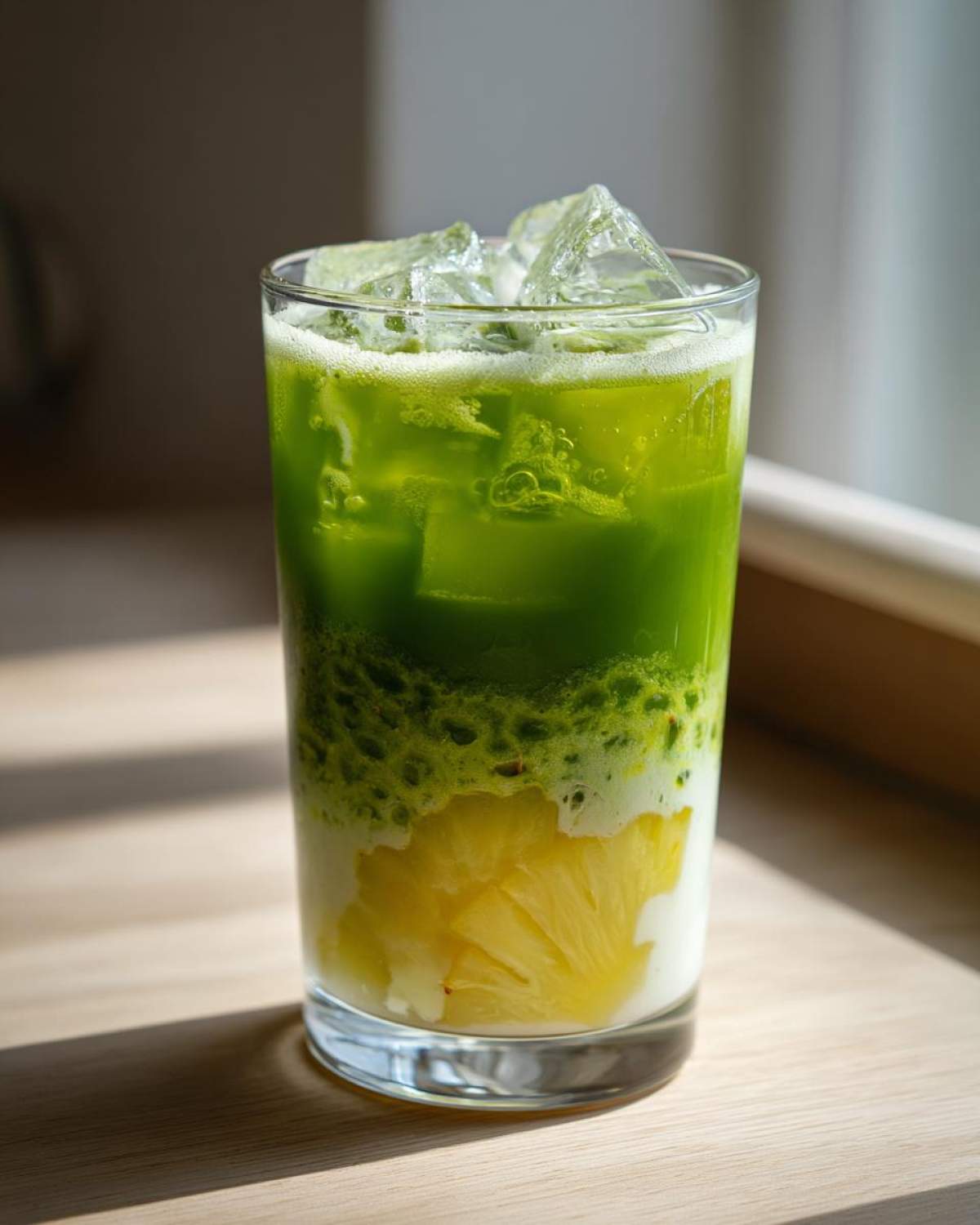 A tall glass showing the layered Iced Matcha Pineapple Refresher with pineapple chunks at the bottom, white liquid, and vibrant green matcha on top with ice.