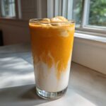 A tall, frosty glass containing a layered Iced Orange Creamsicle Smoothie with orange on top of white milk.
