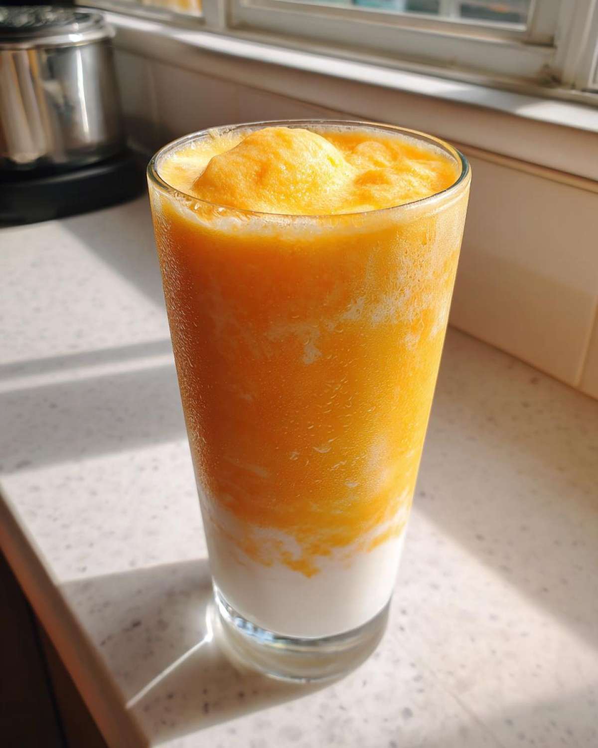 A tall glass filled with a vibrant Iced Orange Creamsicle Smoothie showing distinct orange and white layers.