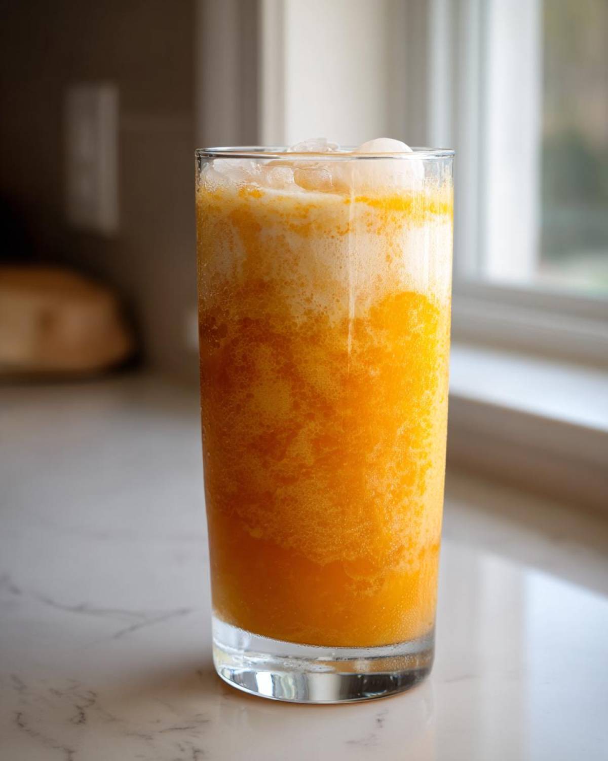 A tall glass filled with a vibrant, layered Iced Orange Creamsicle Smoothie topped with ice cubes.