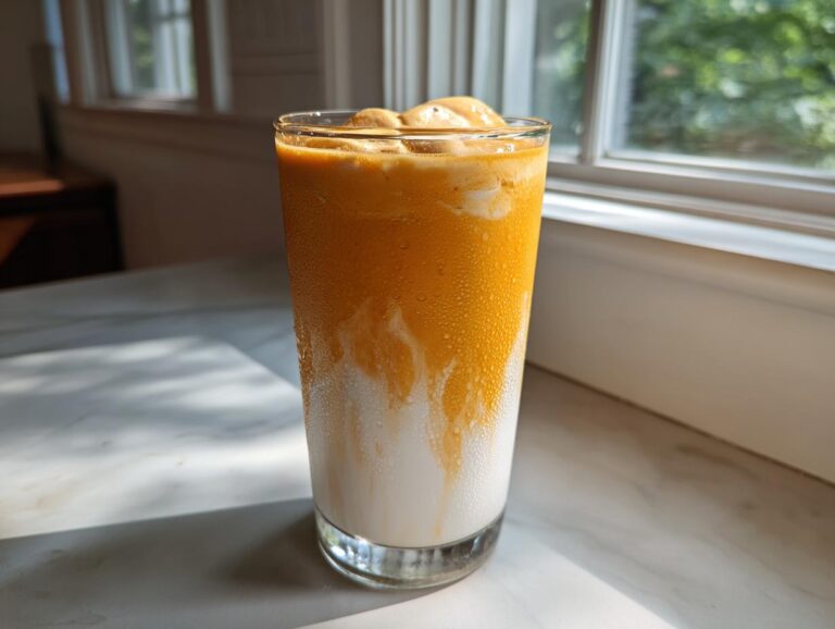 A tall, frosty glass containing a layered Iced Orange Creamsicle Smoothie with orange on top of white milk.