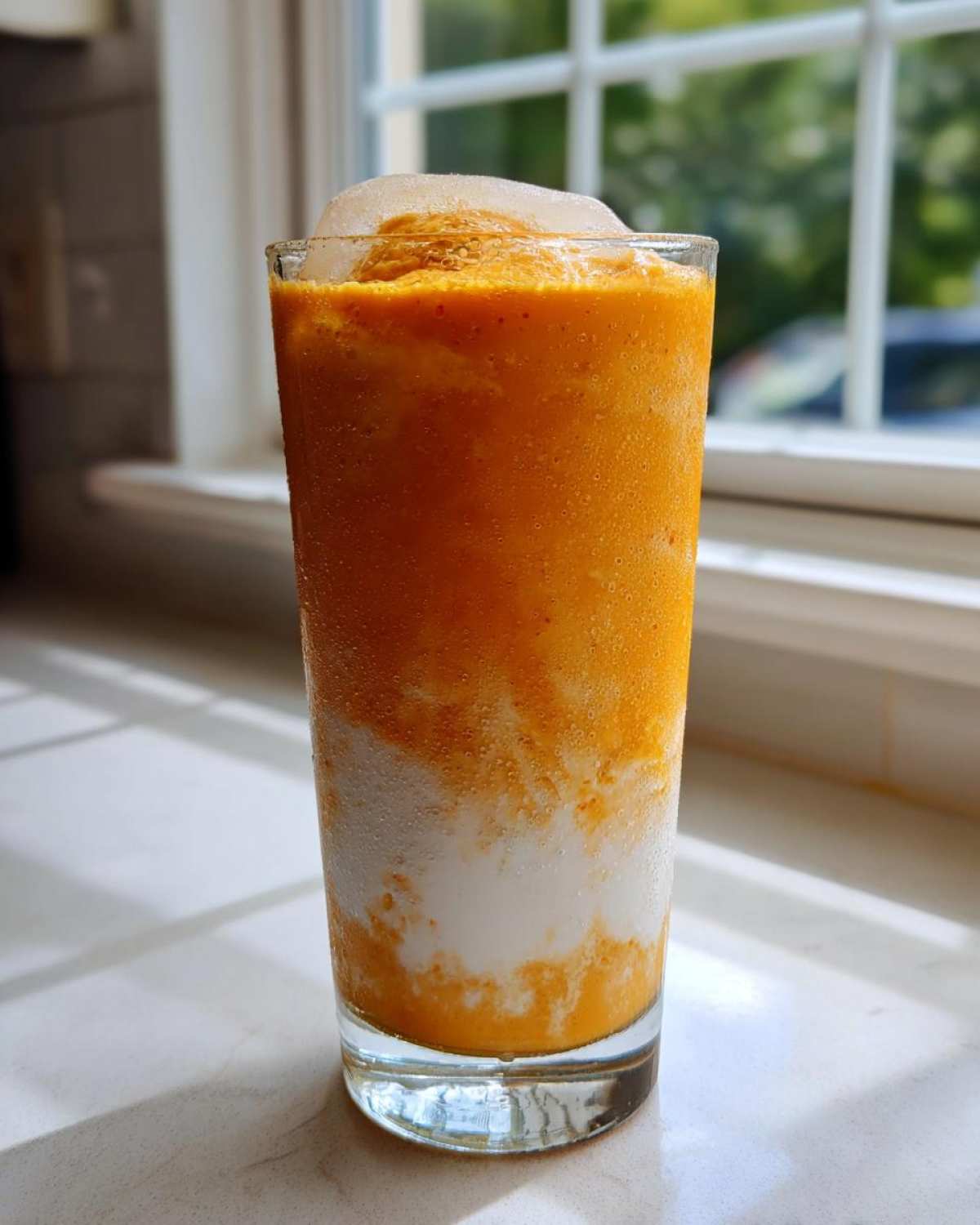A tall glass filled with a layered Iced Orange Creamsicle Smoothie, showing orange and white layers, condensation on the glass.