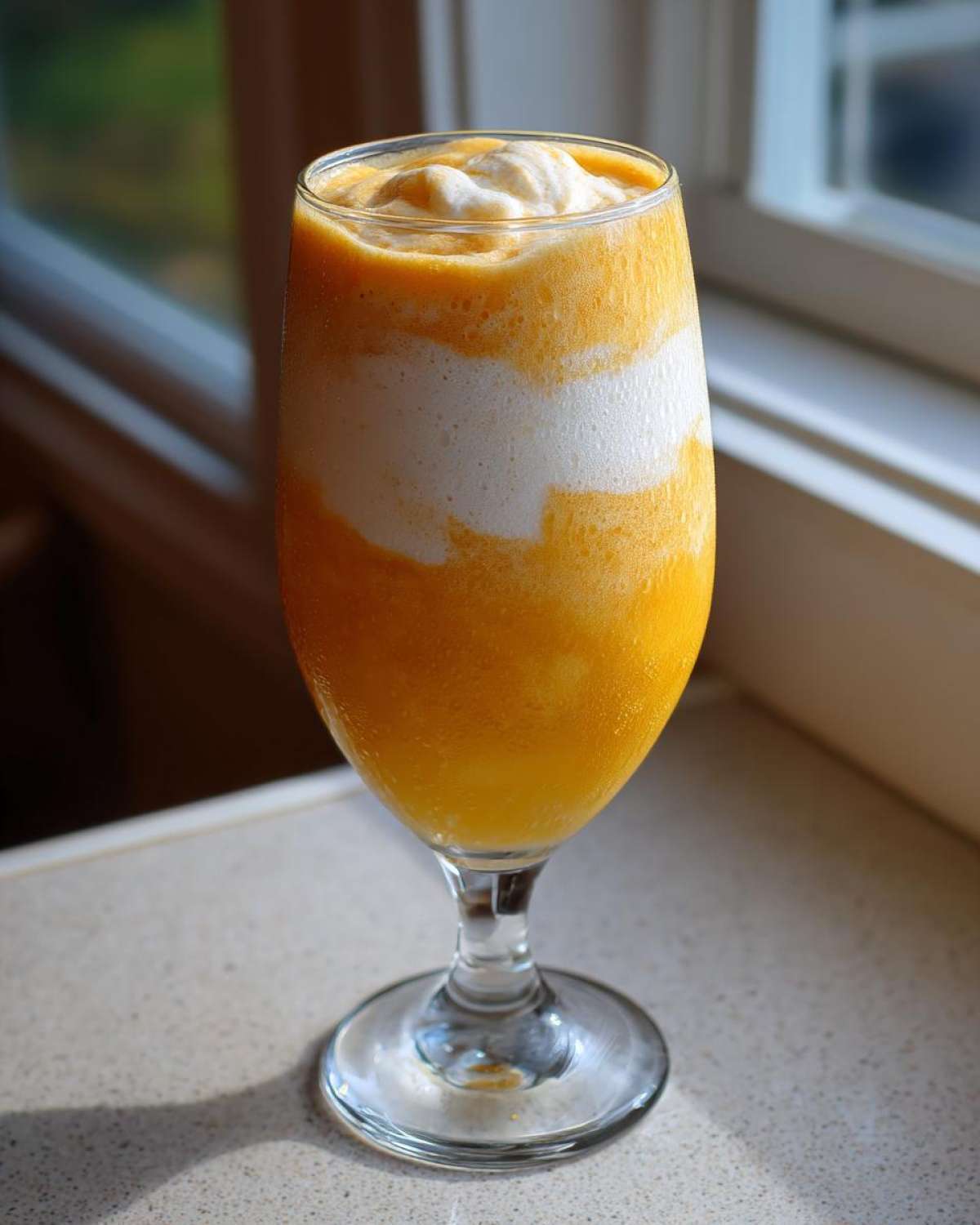 A frosty glass filled with a layered Iced Orange Creamsicle Smoothie, showing bright orange and vanilla center.
