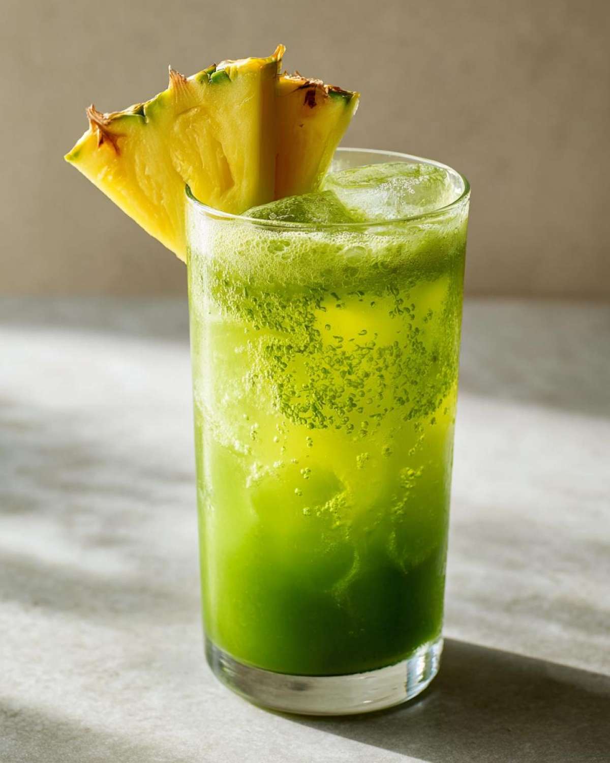 A tall glass filled with a vibrant green Iced Pineapple Matcha Spritz, garnished with fresh pineapple slices.