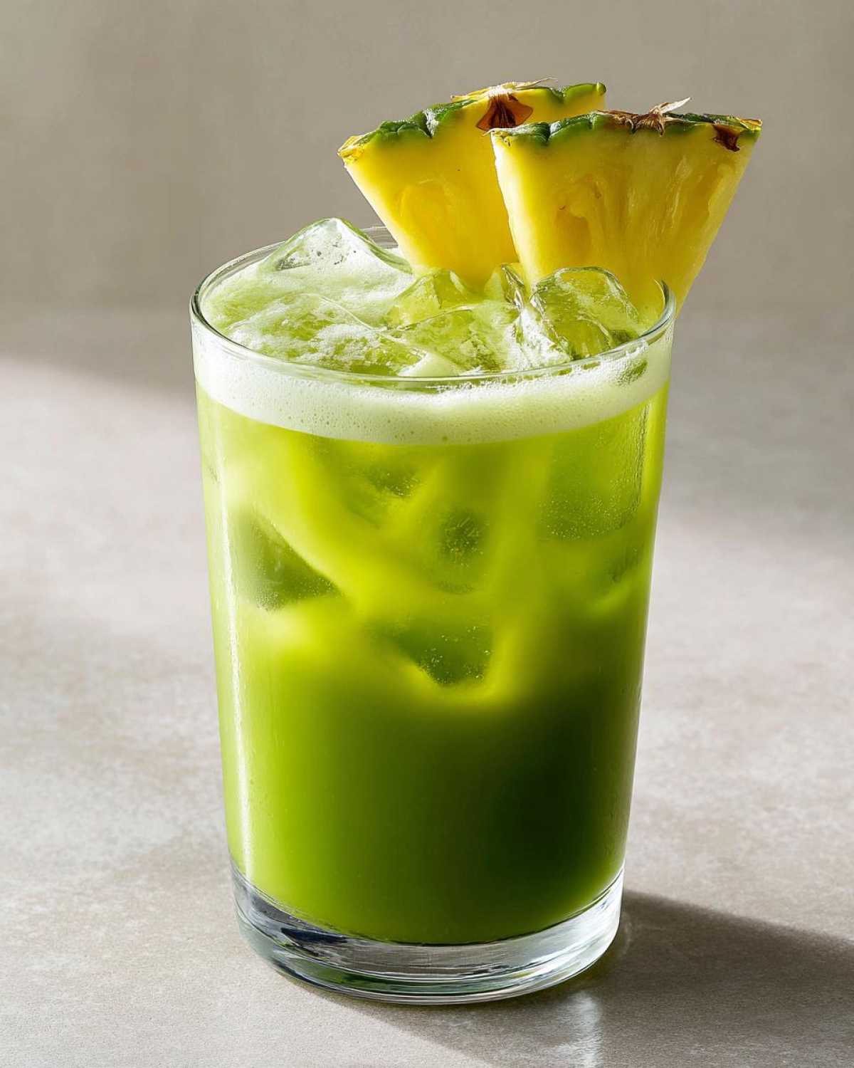 A tall glass filled with a vibrant green Iced Pineapple Matcha Spritz, ice cubes, and garnished with two pineapple wedges.