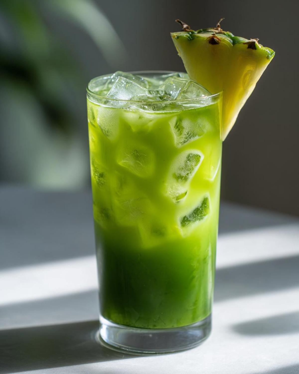 A tall glass filled with a vibrant green Iced Pineapple Matcha Spritz over ice, garnished with a fresh pineapple wedge.