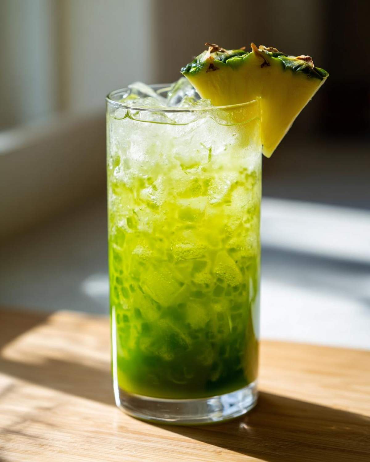 A tall glass filled with a vibrant green Iced Pineapple Matcha Spritz, packed with ice and garnished with a pineapple wedge.