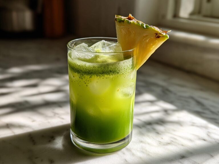 A tall glass filled with a vibrant green Iced Pineapple Matcha Spritz, ice cubes, and garnished with a pineapple wedge.