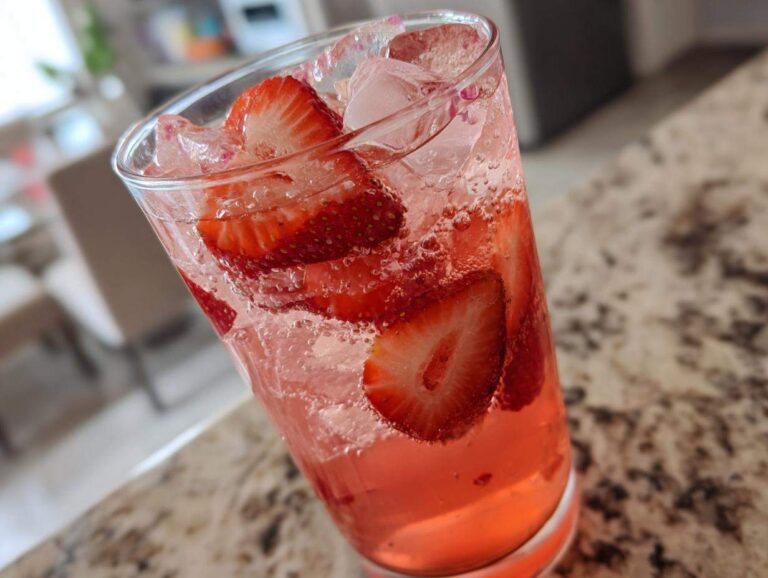 Close-up of a tall glass filled with Iced Strawberry Hibiscus Tea Lemonade, ice, and fresh strawberry slices.