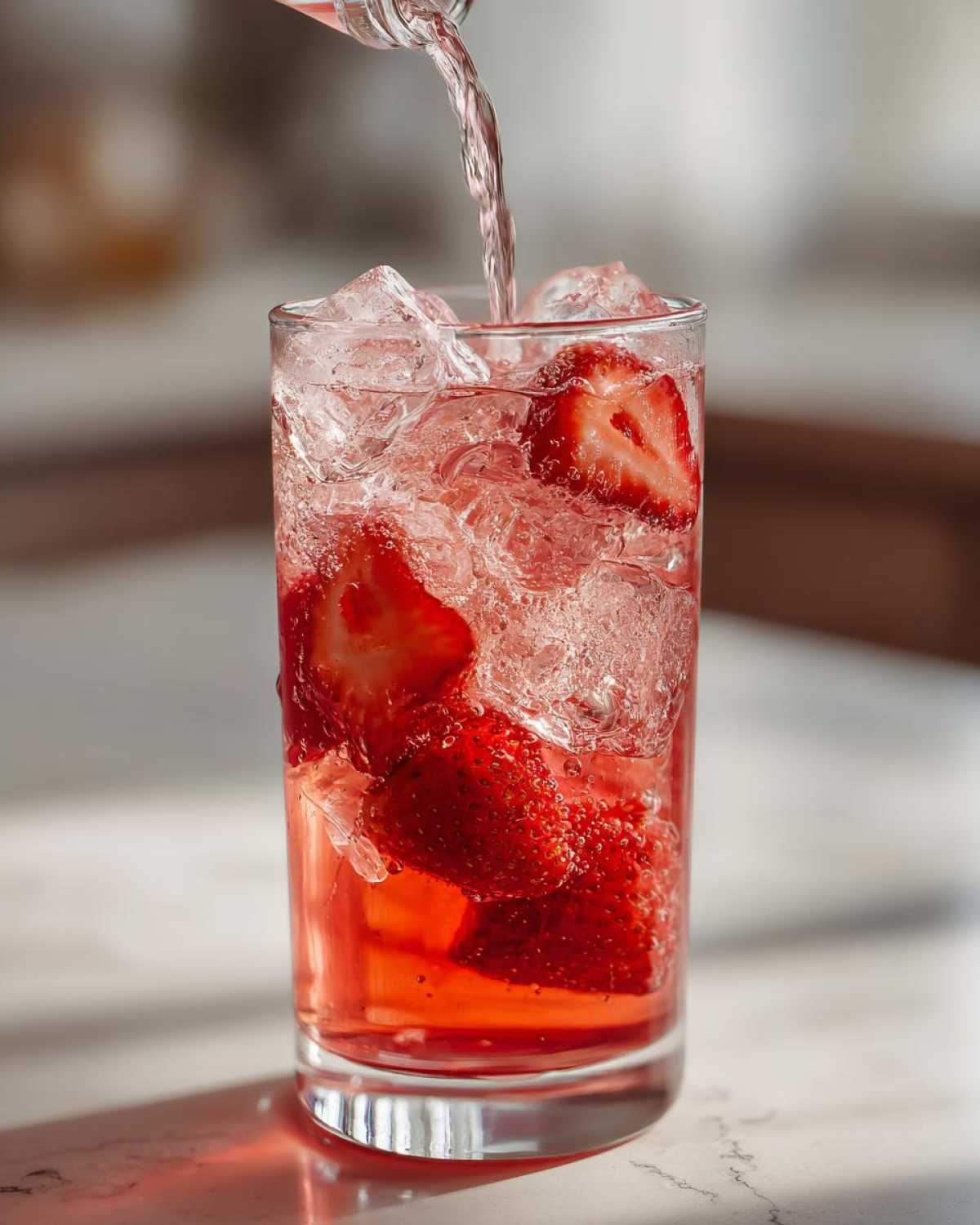 Close-up of Iced Strawberry Hibiscus Tea Lemonade being topped off with liquid over ice and fresh strawberry slices.