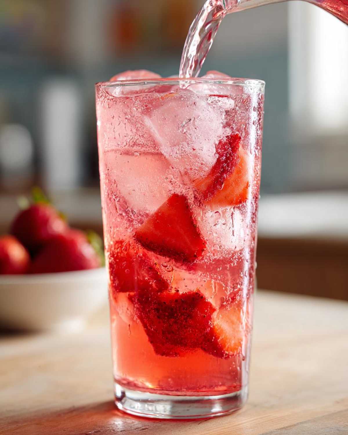 Pouring liquid into a tall glass filled with ice, strawberries, and pink liquid for Iced Strawberry Hibiscus Tea Lemonade.
