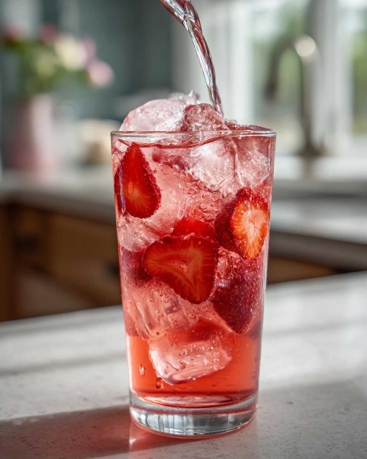 A tall glass filled with ice and sliced strawberries being topped off with liquid for Iced Strawberry Hibiscus Tea Lemonade.