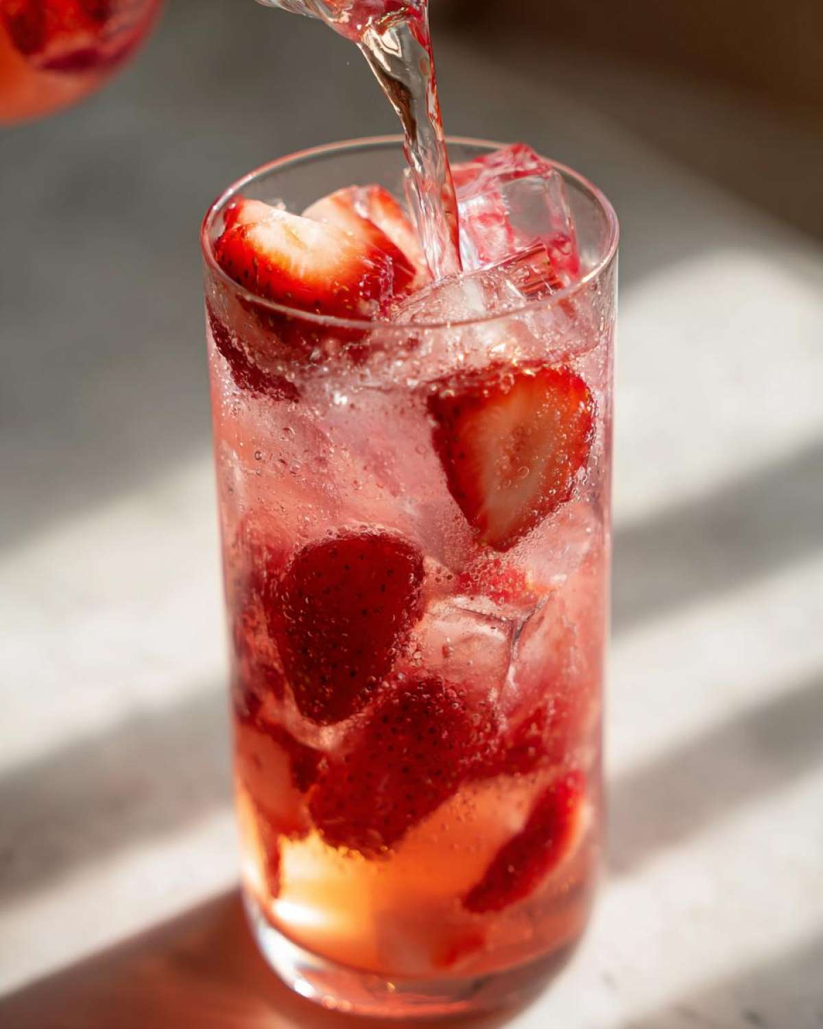Close-up of liquid being poured into a tall glass filled with ice and sliced strawberries for Iced Strawberry Hibiscus Tea Lemonade.