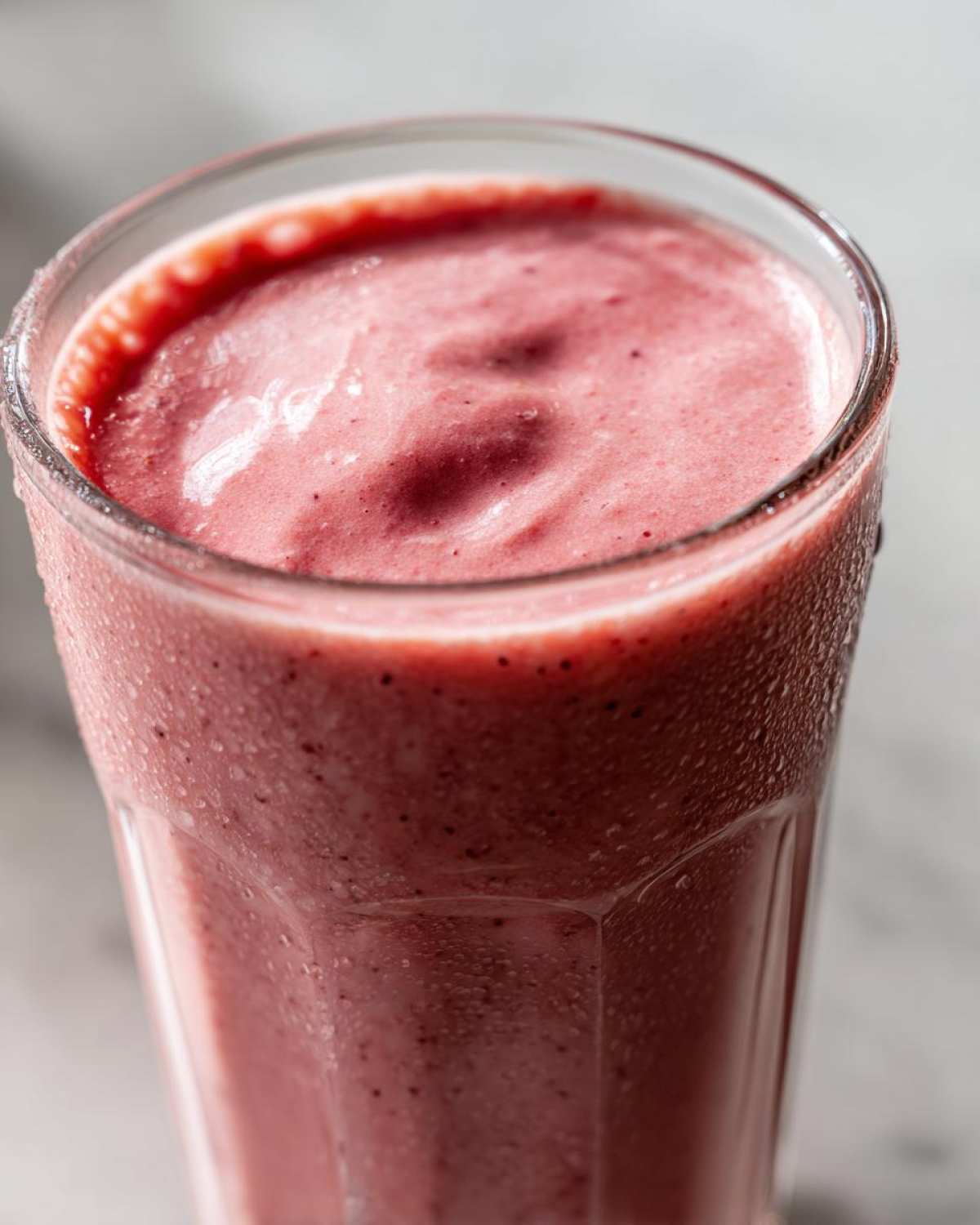 Close-up of a tall, sweating glass filled with a thick, pink Iced Vanilla Strawberry Protein Shake.
