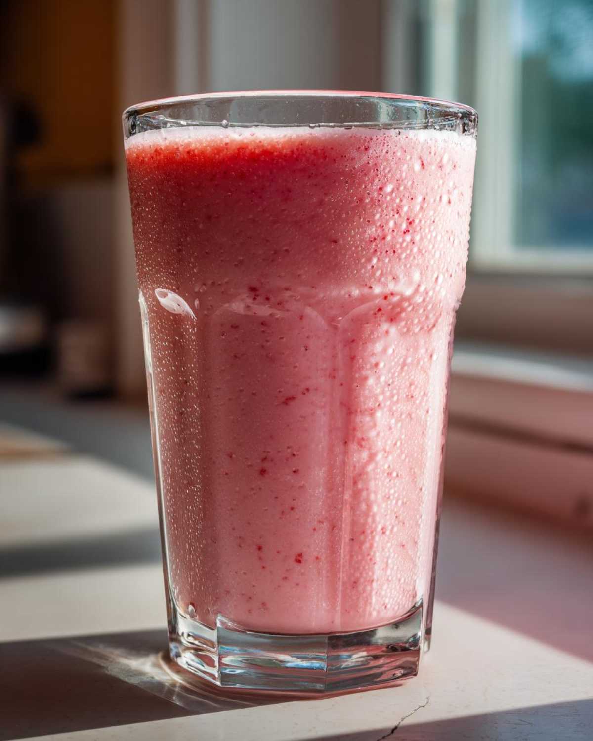 A tall, sweating glass filled with a pink Iced Vanilla Strawberry Protein Shake, sitting in sunlight.