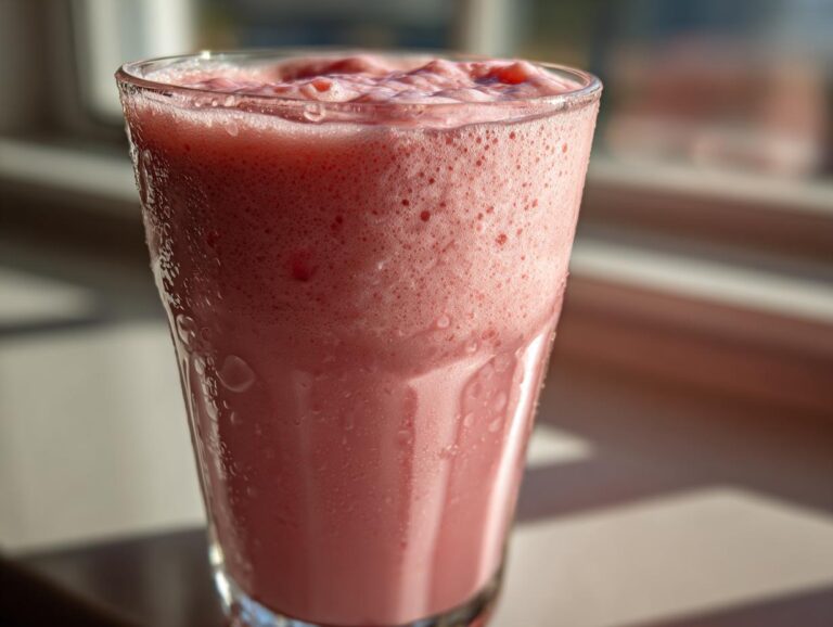 Close-up of a tall, frosty glass filled with a pink, frothy Iced Vanilla Strawberry Protein Shake, condensation visible on the glass.