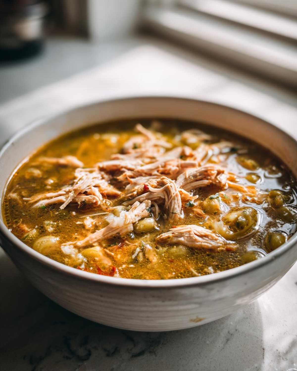 Close-up of a white bowl filled with rich, brothy Instant Pot Chicken Pozole Verde topped with shredded chicken.