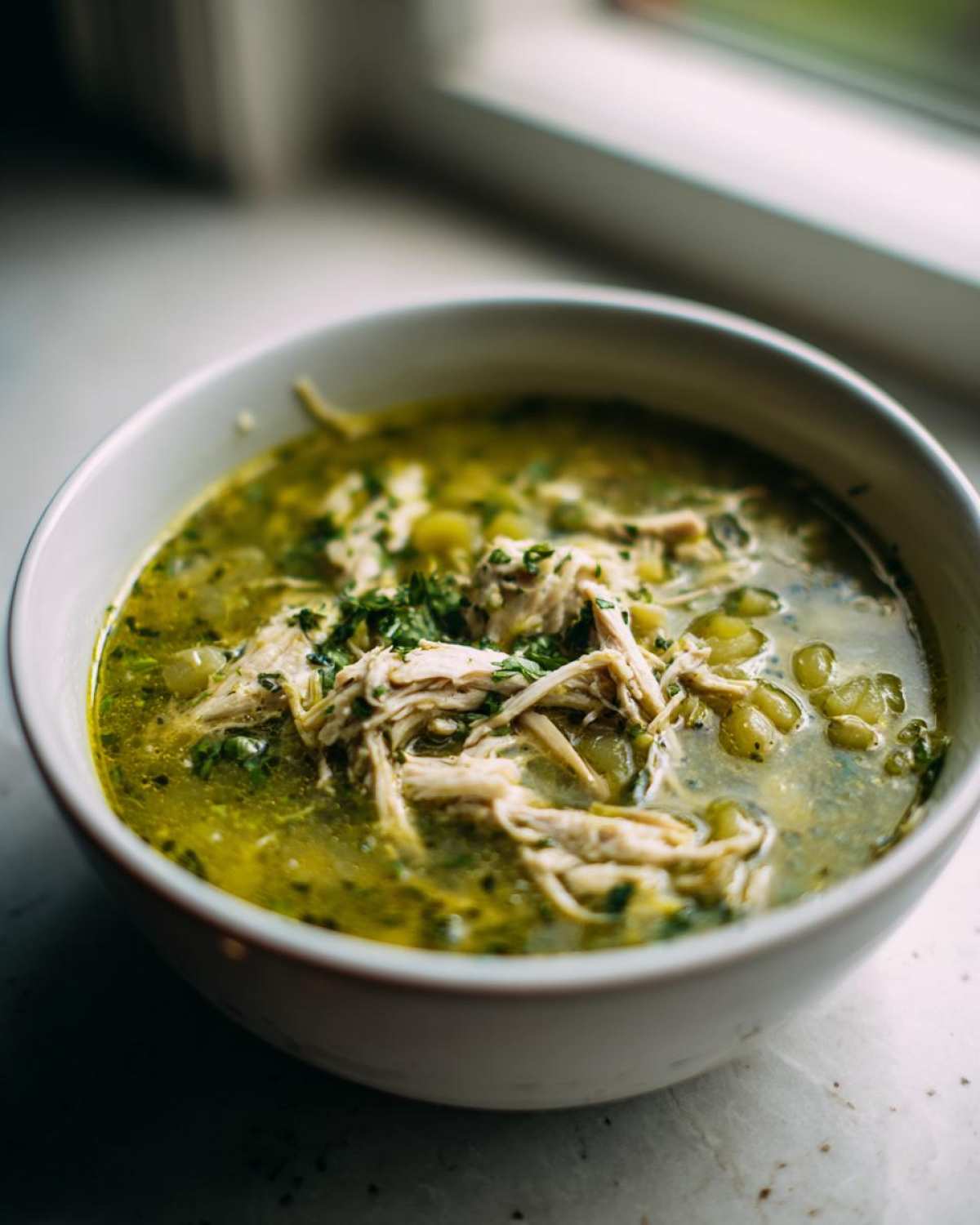 Close-up of a bowl of vibrant green Instant Pot Chicken Pozole Verde topped with shredded chicken and fresh herbs.