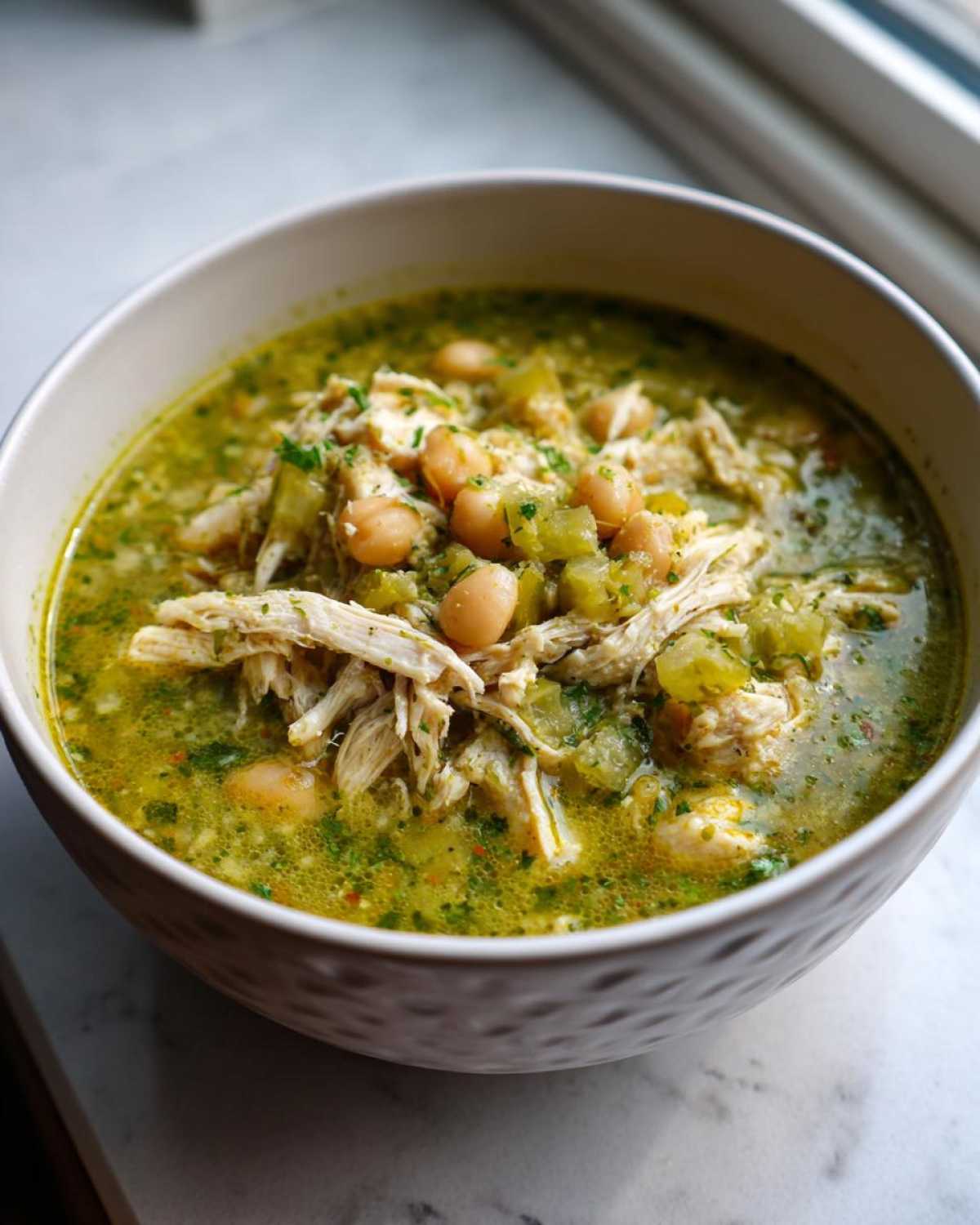 Close-up of a bowl filled with vibrant green Instant Pot Chicken Pozole Verde, featuring shredded chicken and white hominy beans.