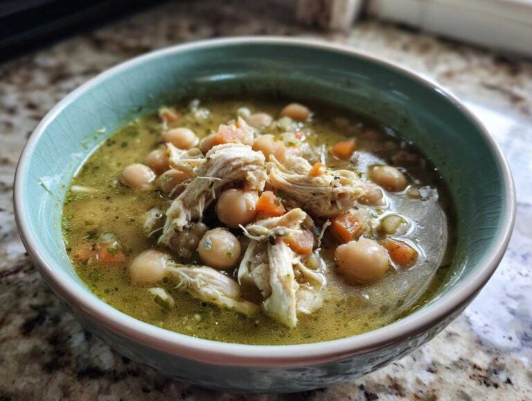 Close-up of a bowl of Instant Pot Chicken Pozole Verde featuring shredded chicken, hominy, and carrots in a green broth.
