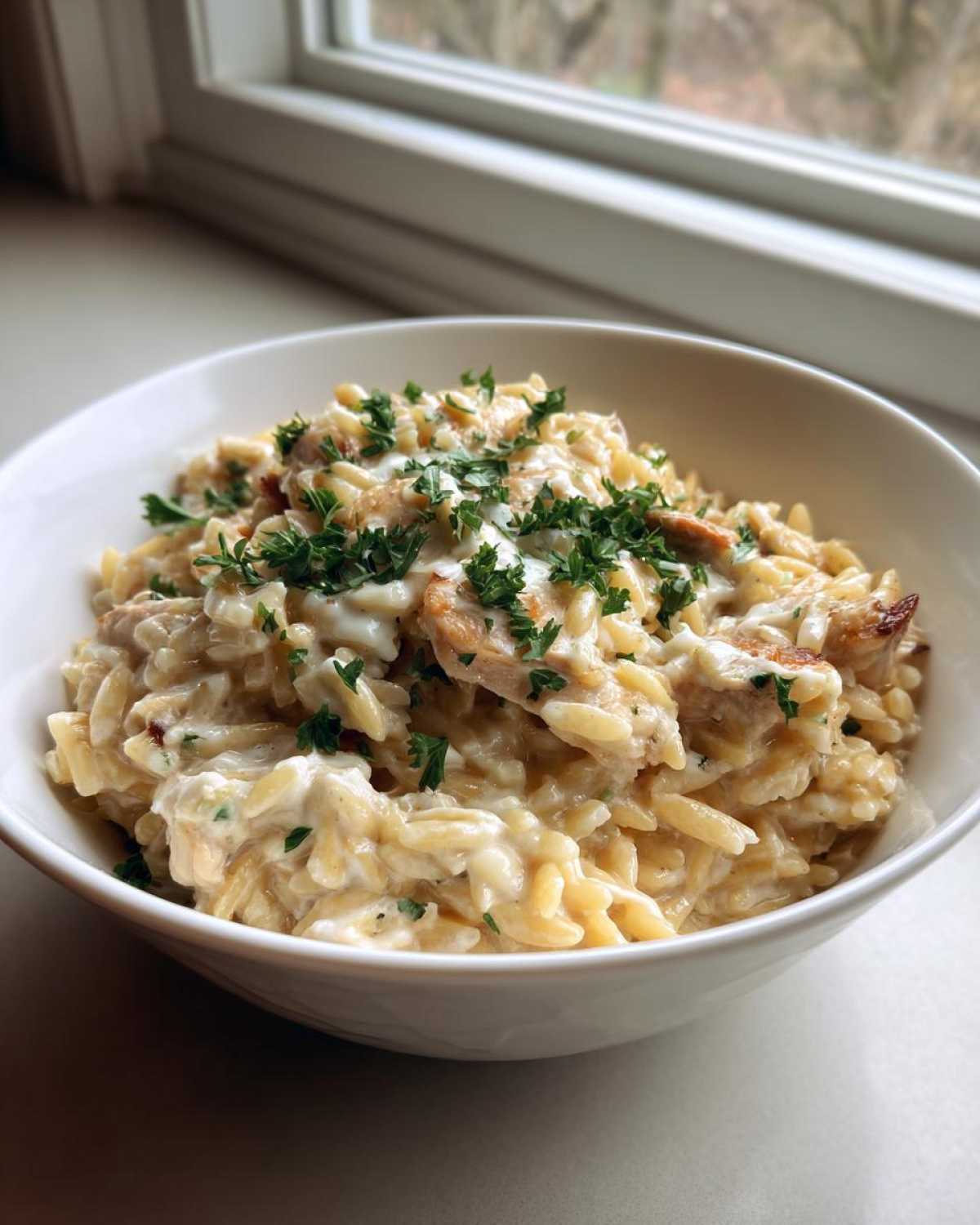 A close-up of a white bowl filled with Instant Pot Creamy Chicken and Orzo, topped with fresh parsley.