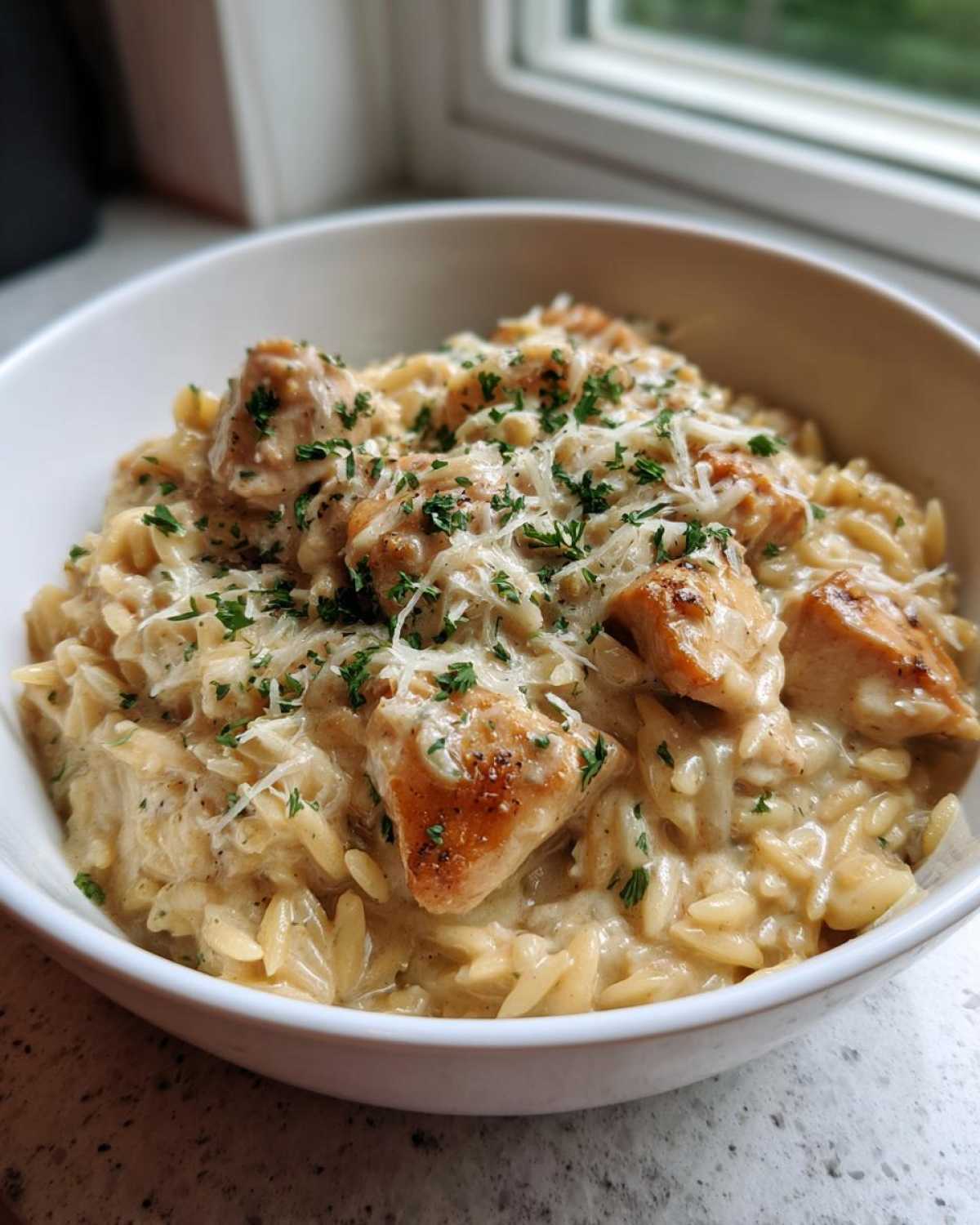 A close-up of Instant Pot Creamy Chicken and Orzo topped with Parmesan cheese and parsley in a white bowl.