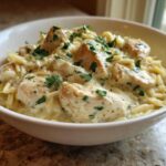 A close-up of Instant Pot Creamy Chicken and Orzo served in a white bowl, topped with fresh parsley.