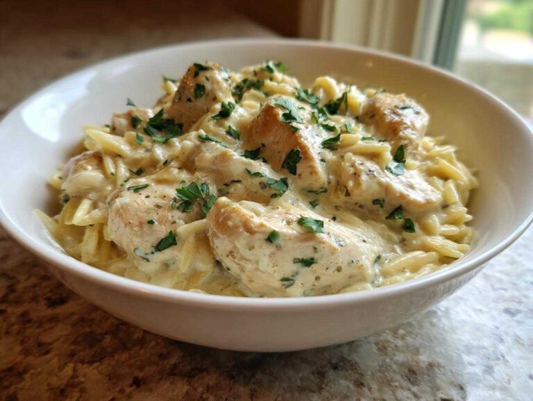 A close-up of Instant Pot Creamy Chicken and Orzo served in a white bowl, topped with fresh parsley.