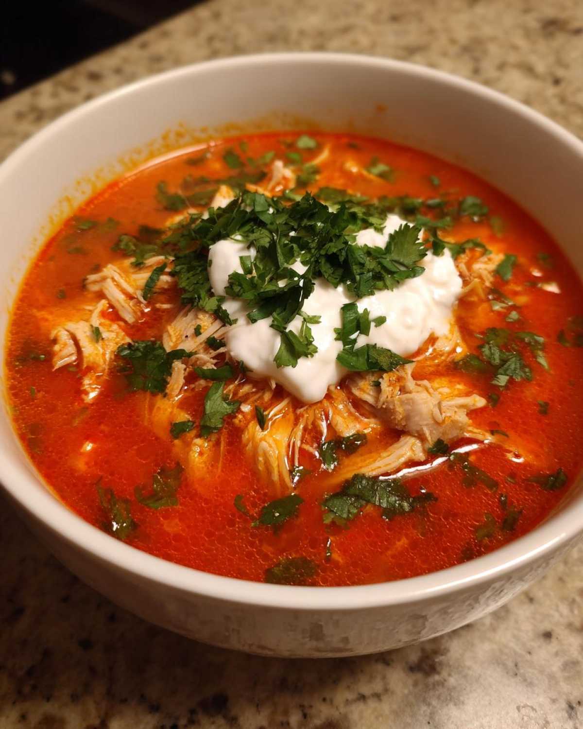 Close-up of a white bowl filled with vibrant red Instant Pot Creamy Chicken Enchilada Soup, topped with shredded chicken, sour cream, and fresh cilantro.