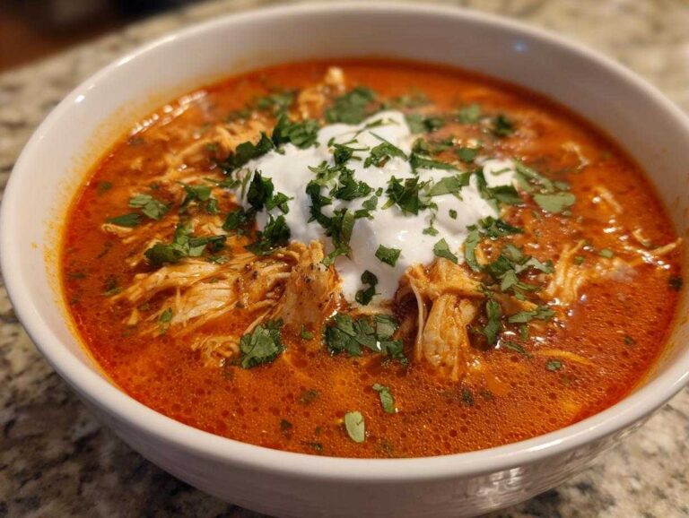 Close-up of a white bowl filled with rich, red Instant Pot Creamy Chicken Enchilada Soup, topped with sour cream and cilantro.
