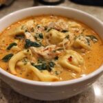 A close-up of a white bowl filled with rich, creamy Instant Pot Creamy Chicken Tortellini Soup, featuring tortellini, shredded chicken, and spinach.