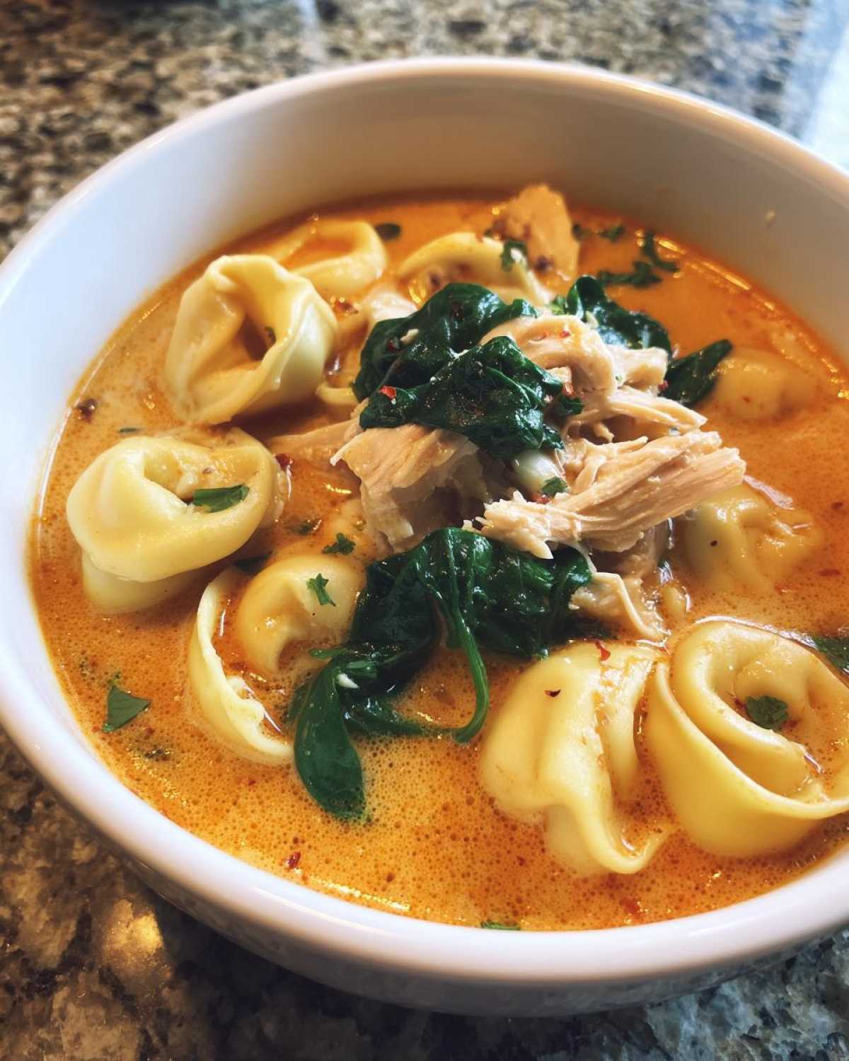 Close-up of a white bowl filled with Instant Pot Creamy Chicken Tortellini Soup, featuring tortellini, shredded chicken, and spinach.