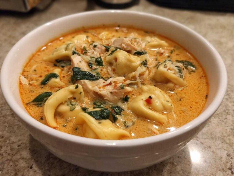 A close-up of a white bowl filled with rich, creamy Instant Pot Creamy Chicken Tortellini Soup, featuring tortellini, shredded chicken, and spinach.