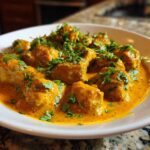 Close-up of chunks of chicken in rich, orange Instant Pot Creamy Coconut Chicken Curry, garnished with fresh cilantro.