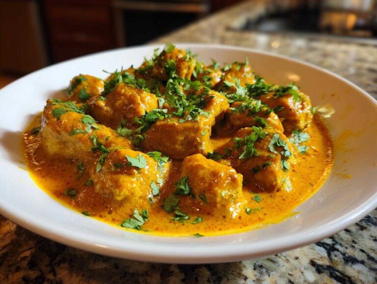 Close-up of chunks of chicken in rich, orange Instant Pot Creamy Coconut Chicken Curry, garnished with fresh cilantro.