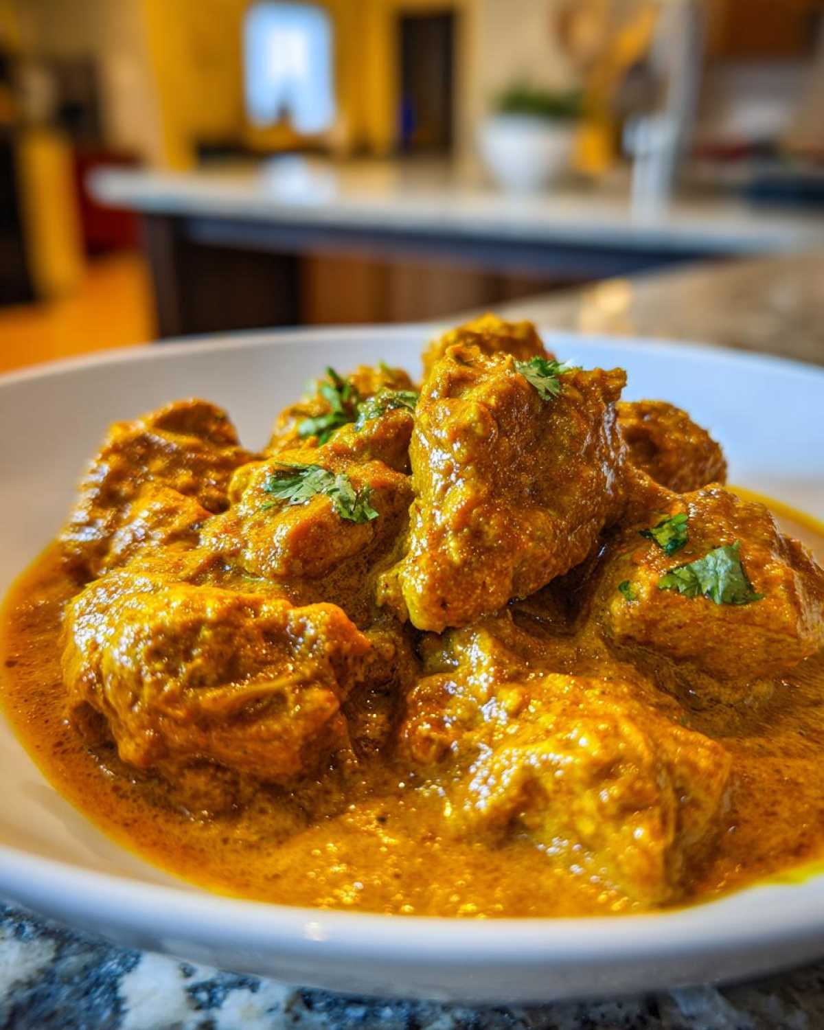 Close-up of tender chicken pieces coated in a rich, orange-yellow sauce, served in a white bowl, ready to eat Instant Pot Creamy Coconut Chicken Curry.