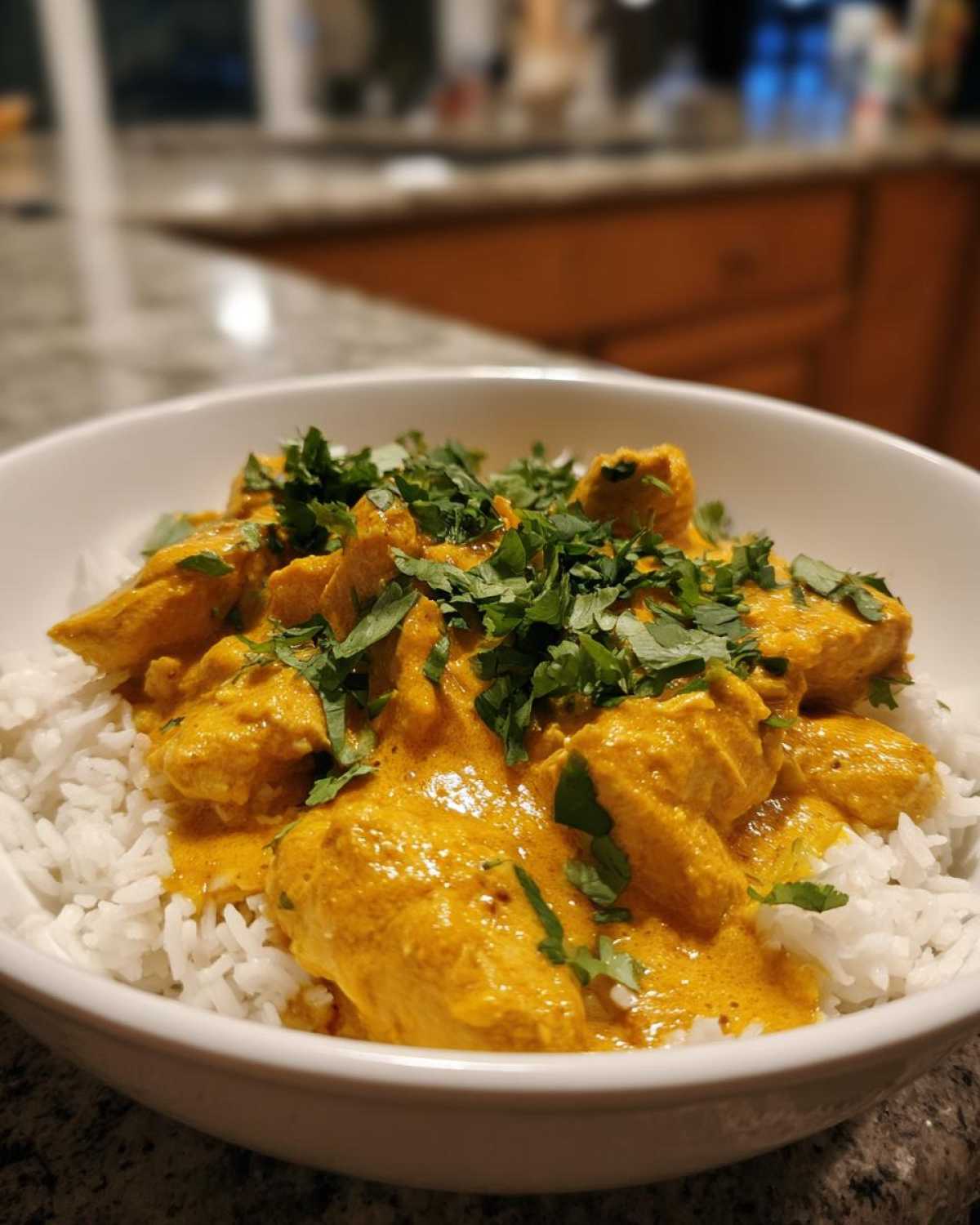 A bowl of Instant Pot Creamy Coconut Chicken Curry served over white rice and topped with fresh cilantro.