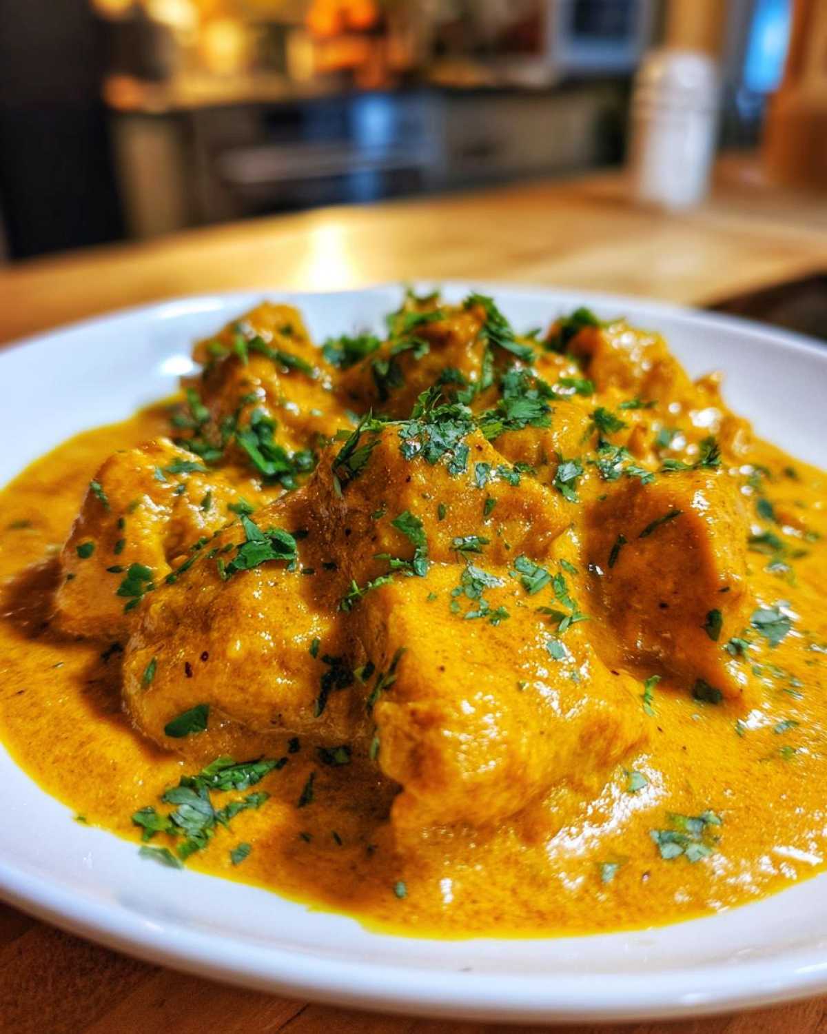 Close-up of tender chicken pieces coated in rich, orange Instant Pot Creamy Coconut Chicken Curry sauce, garnished with fresh cilantro.