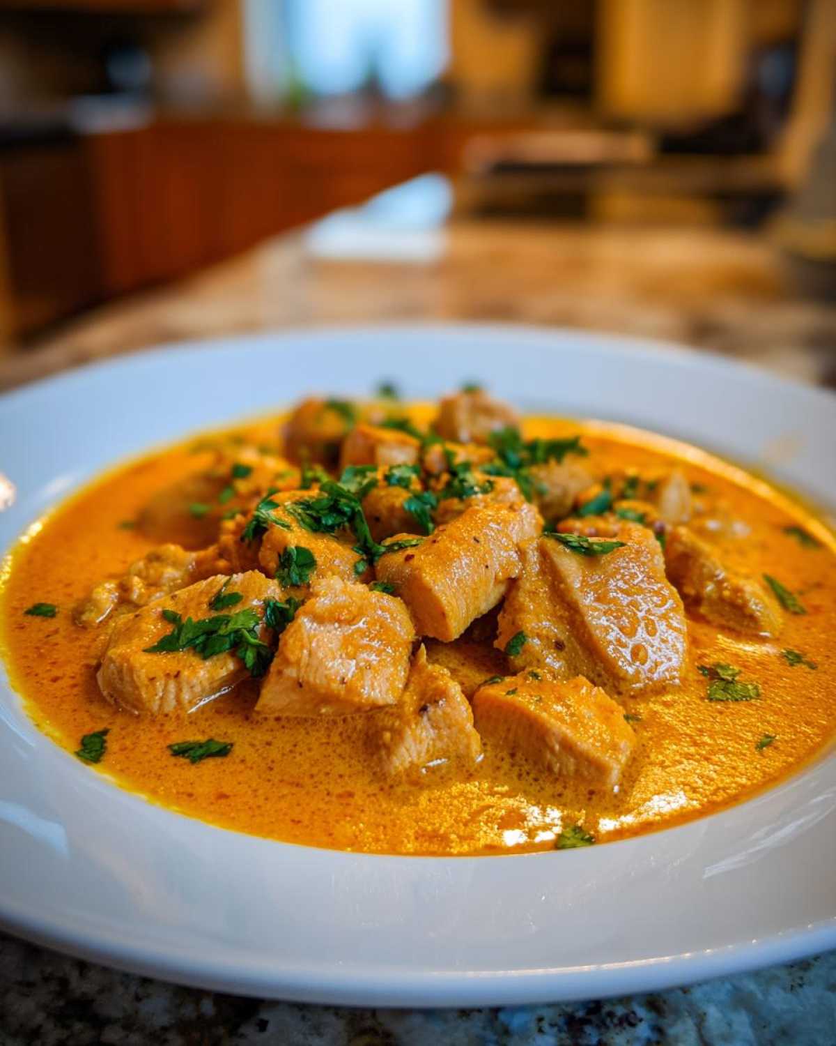 A close-up of tender chicken pieces in a rich, orange Instant Pot Creamy Coconut Chicken Curry, garnished with fresh parsley.