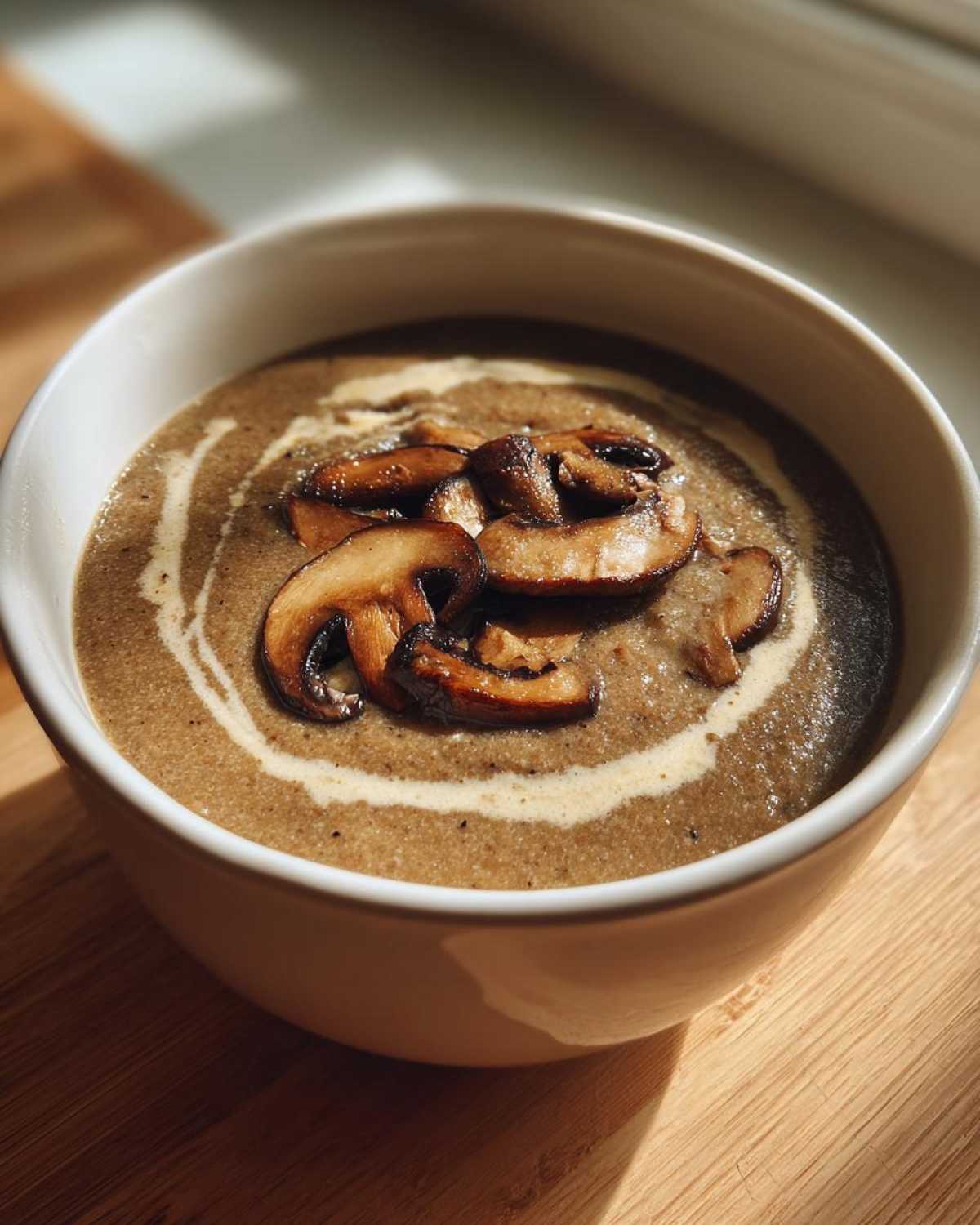 A close-up of Instant Pot Creamy Mushroom Barley Soup, garnished with sautéed mushrooms and a swirl of cream.