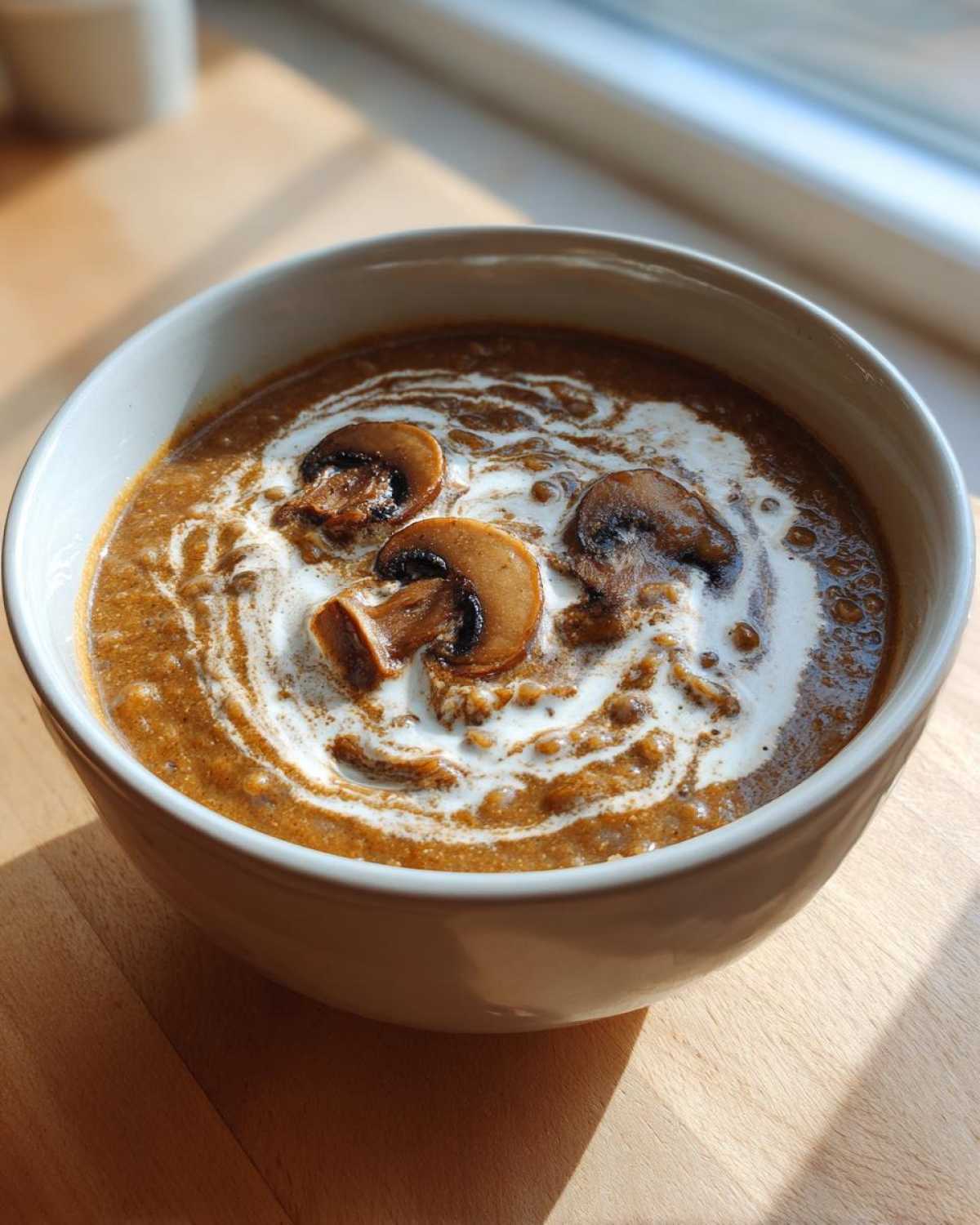 A close-up of a bowl of rich Instant Pot Creamy Mushroom Barley Soup, swirled with cream and topped with sautéed mushrooms.