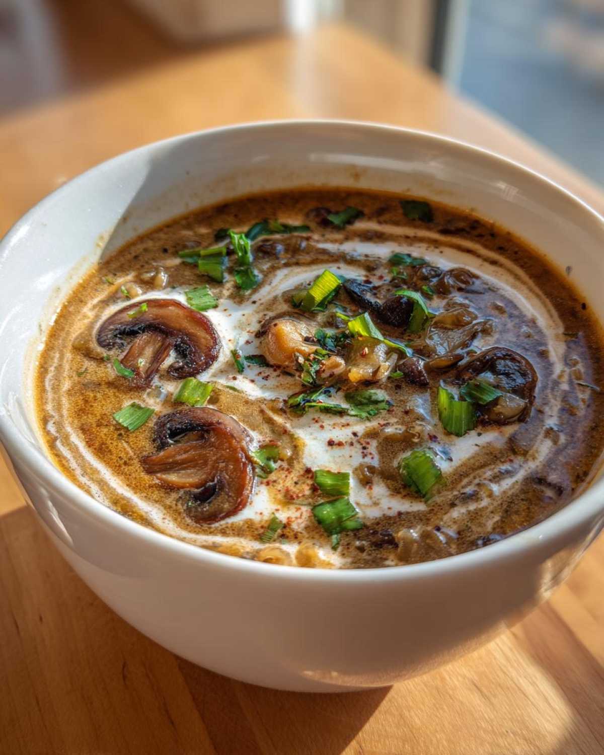 Close-up of a white bowl filled with rich Instant Pot Creamy Mushroom Barley Soup, garnished with cream swirls and green onions.