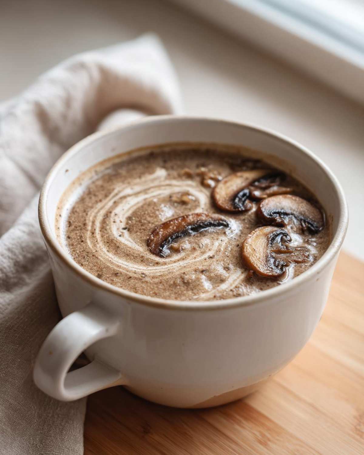 Close-up of Instant Pot Creamy Mushroom Barley Soup topped with sliced mushrooms and cream swirl.