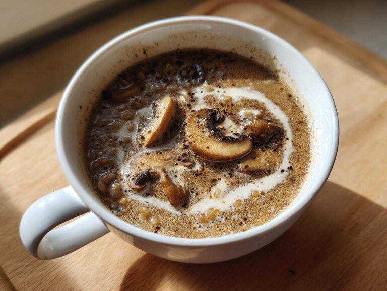 Close-up of a white mug filled with rich Instant Pot Creamy Mushroom Barley Soup, garnished with sliced mushrooms and a cream swirl.