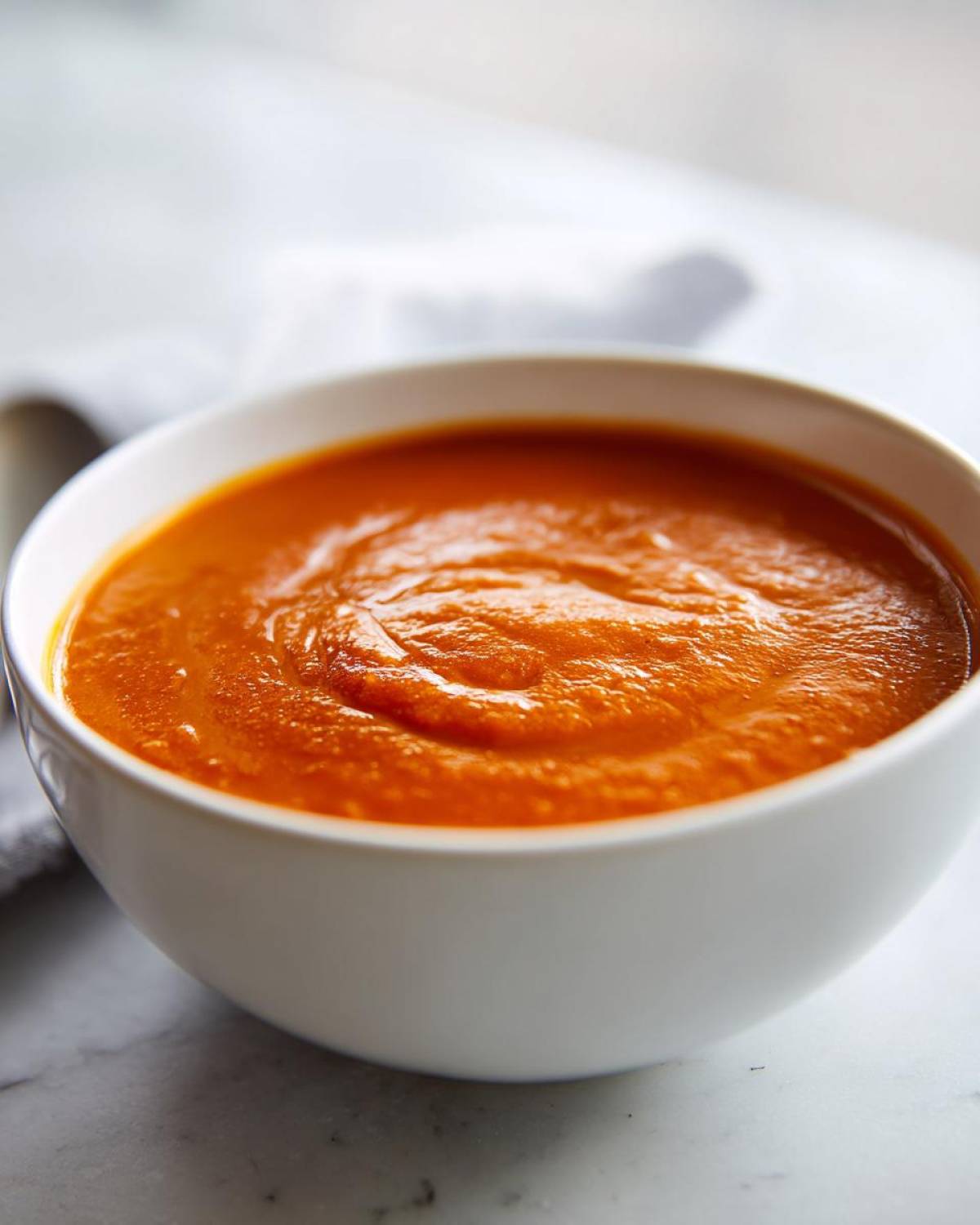 Close-up of a white bowl filled with vibrant orange Instant Pot Creamy Red Pepper Tomato Soup.