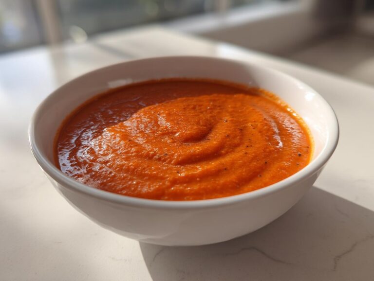 Close-up of a white bowl filled with vibrant orange Instant Pot Creamy Red Pepper Tomato Soup, garnished with pepper flecks.