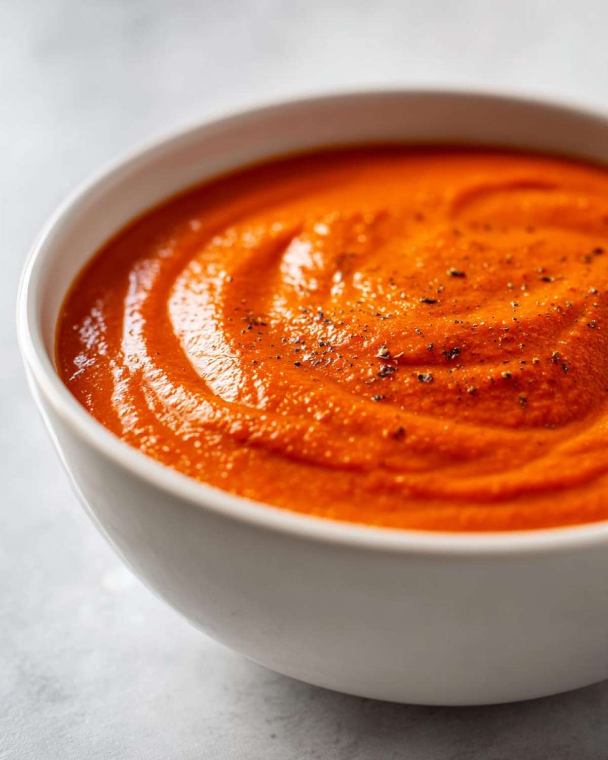 Close-up of vibrant orange Instant Pot Creamy Red Pepper Tomato Soup topped with cracked black pepper.