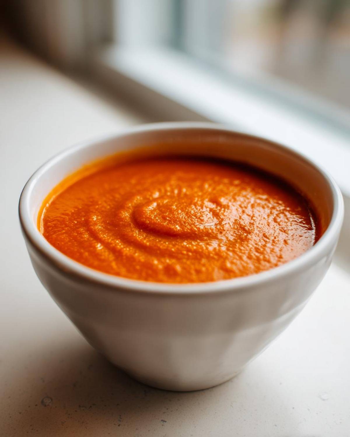 Close-up of a white bowl filled with vibrant orange Instant Pot Creamy Red Pepper Tomato Soup.